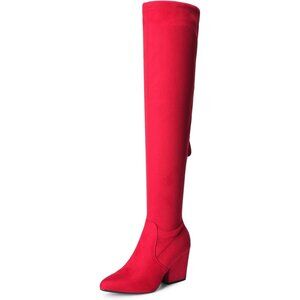 Women Faux Suede Red Chunky Blocked Heel Thigh High Pointed Toe Western Boots